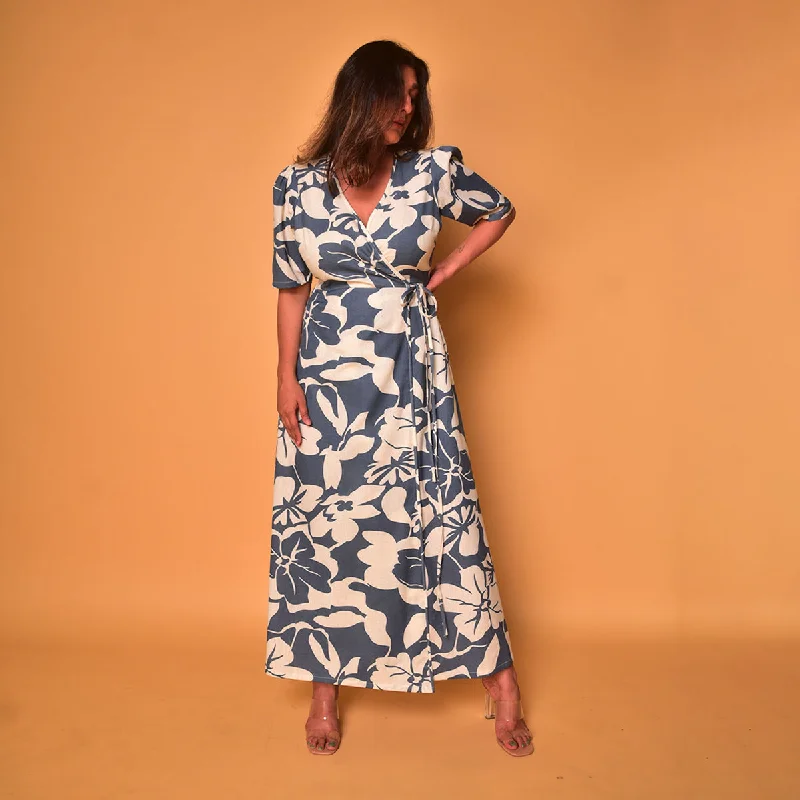 Cotton Wrap Dress for Women | Floral Print | Blue & White