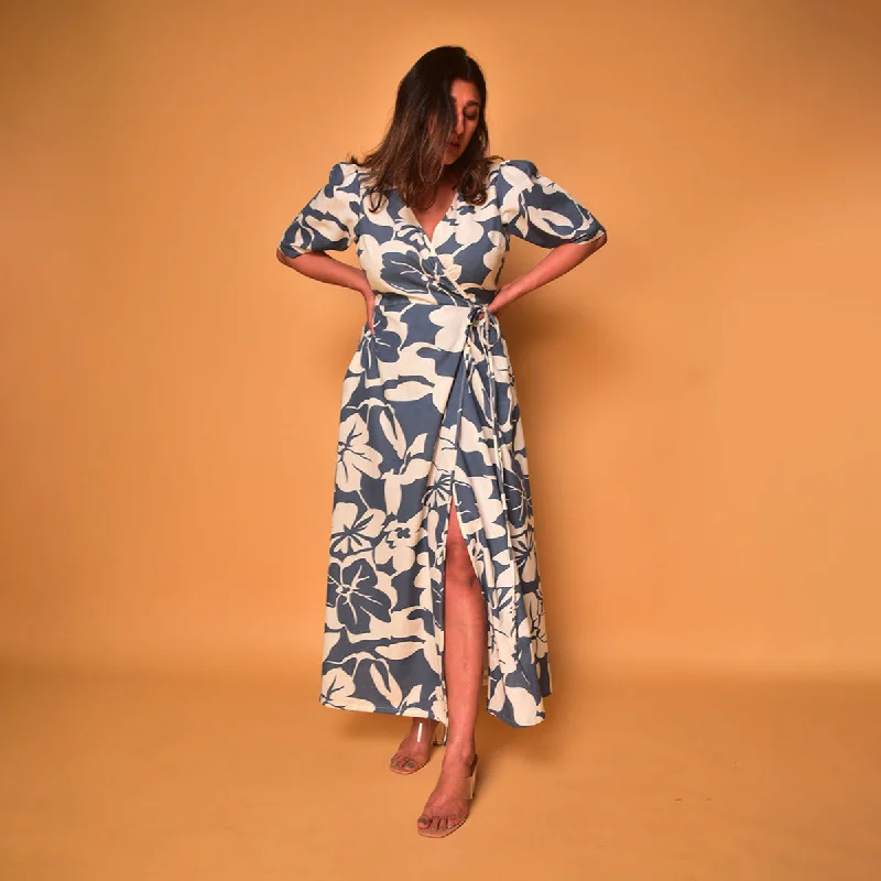 Cotton Wrap Dress for Women | Floral Print | Blue & White