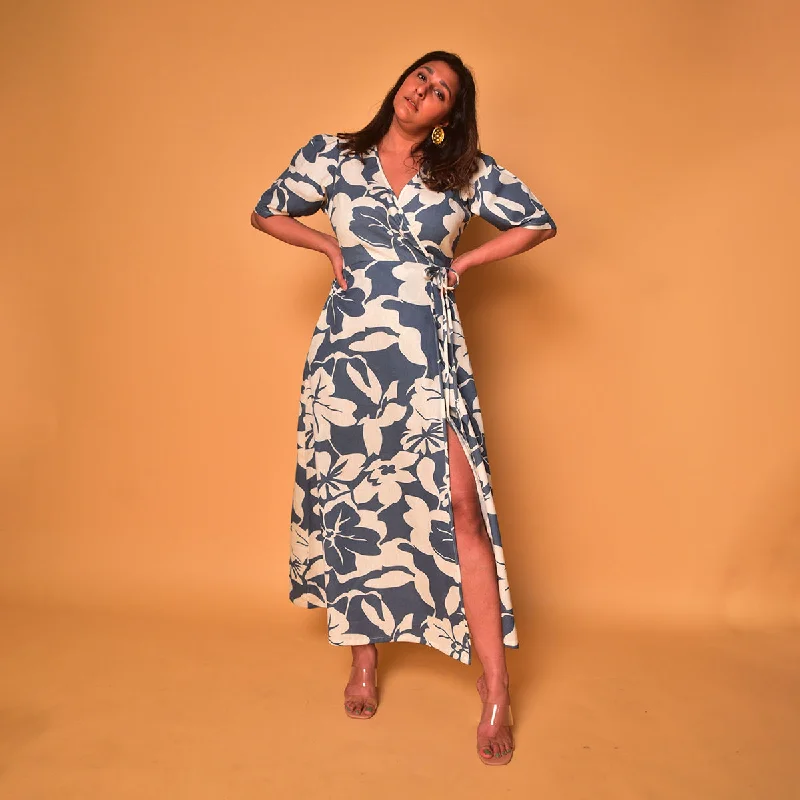 Cotton Wrap Dress for Women | Floral Print | Blue & White