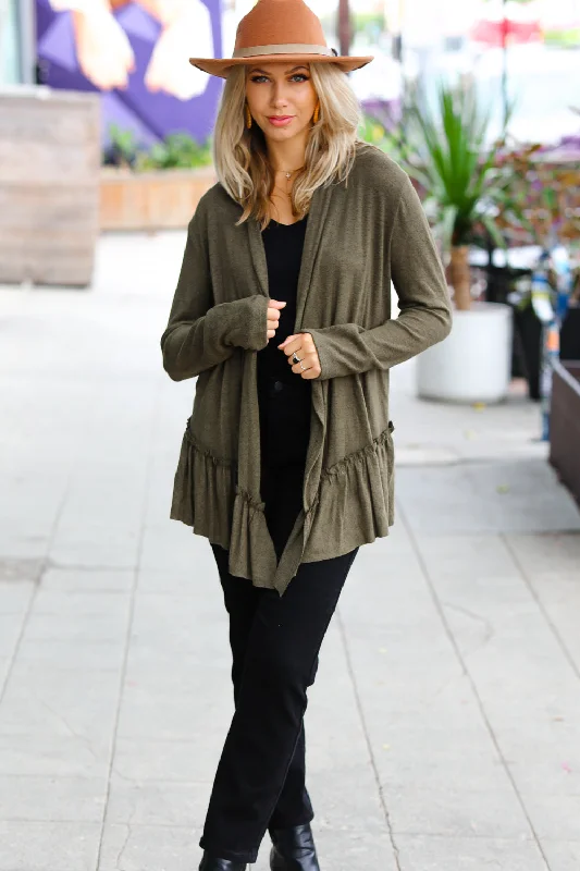 army-green-two-tone-ruffle-open-cardigan