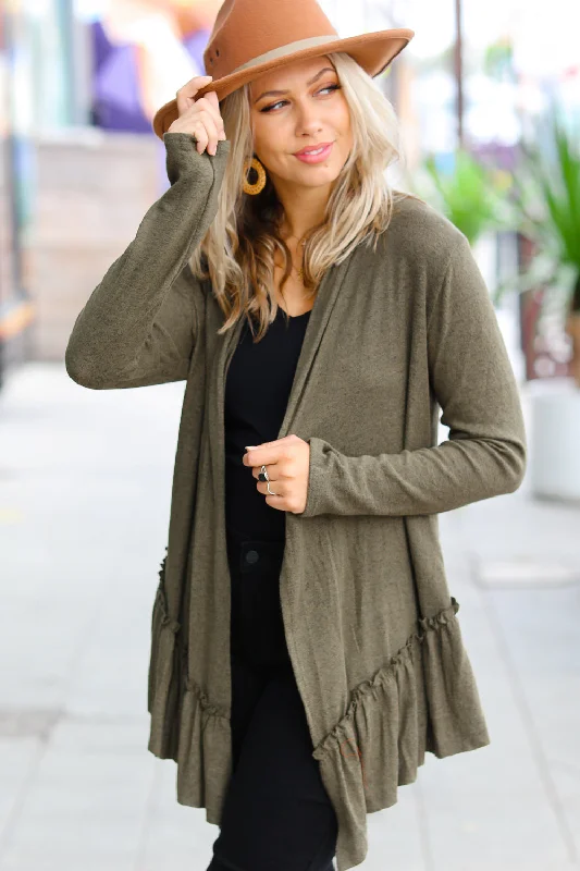 army-green-two-tone-ruffle-open-cardigan