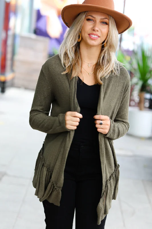 army-green-two-tone-ruffle-open-cardigan