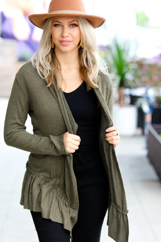 army-green-two-tone-ruffle-open-cardigan