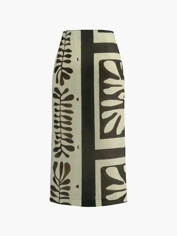 asymmetrical-leaf-print-midi-skirt