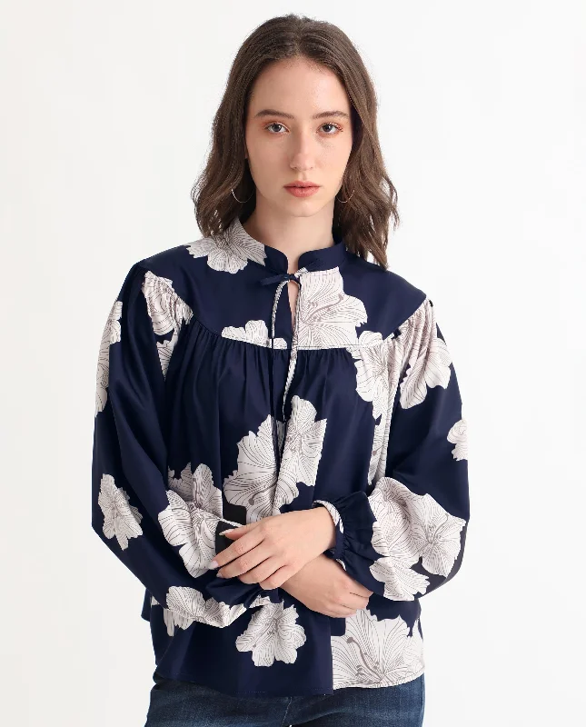 Rareism Women'S Azure Dark Navy Polyester Fabric Full Sleeves Tie-Up Closure High Neck Bishop Sleeve Relaxed Fit Floral Print Top