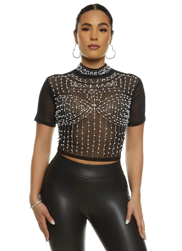 Beaded Mesh Mock Neck Top