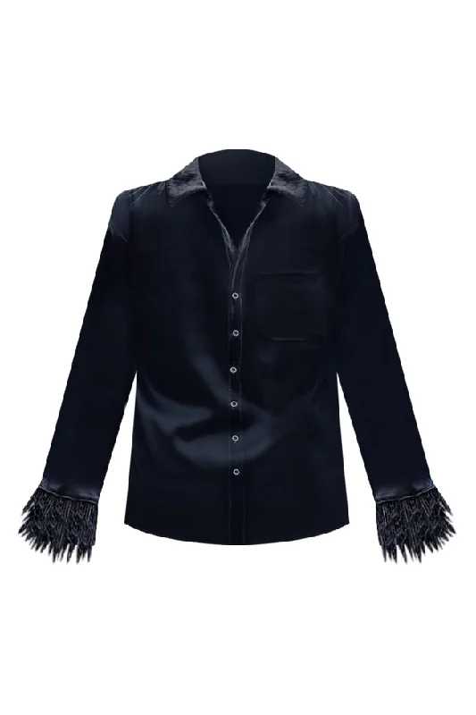 black-feather-trim-sleeve-satin-blouse