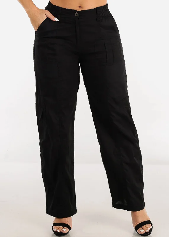 Black High Waisted Straight Wide Leg Cargo Pants