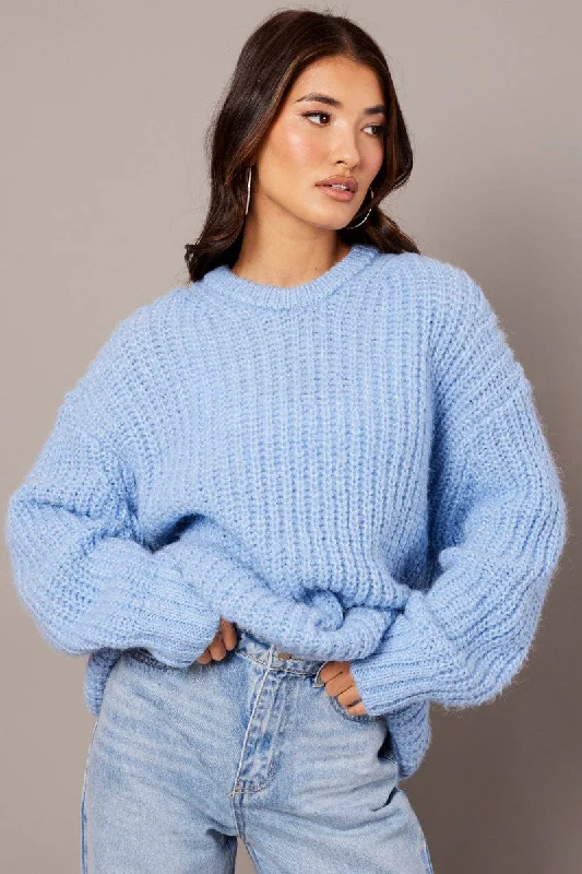 Blue Knit Top Long Sleeve Chunky