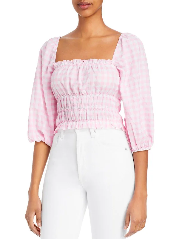 Boheme Womens Off The Shoulder Checkered Peasant Top