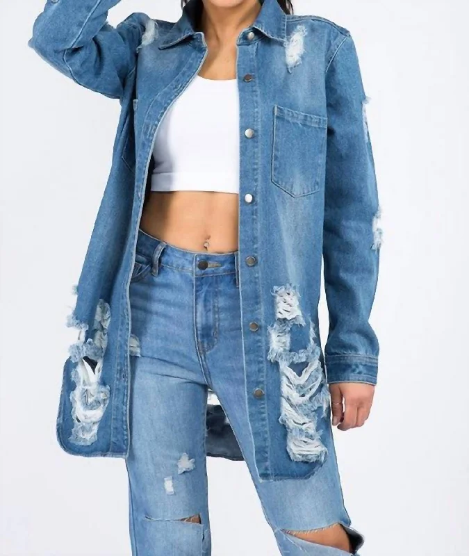 Candace Ultra-Distressed Long Denim Shirt Jacket In Blue