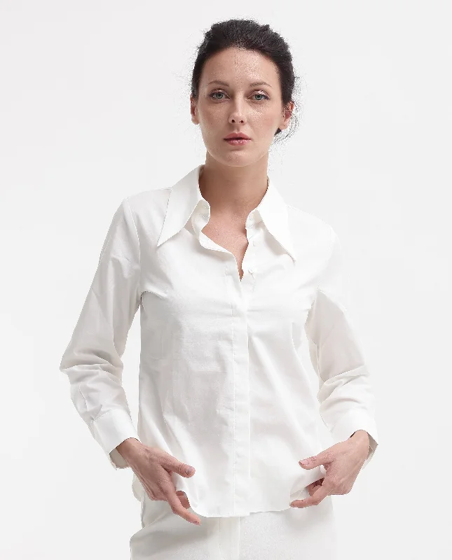 Rareism Women'S Ceos White Cuffed Sleeve Collared Neck Plain Top