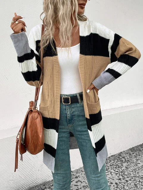 color-block-open-front-drop-shoulder-cardigan