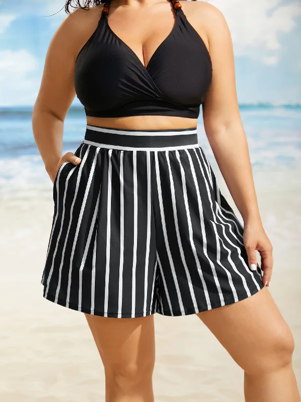 Contrast Striped Elastic Waist Pocket Swim Bottom