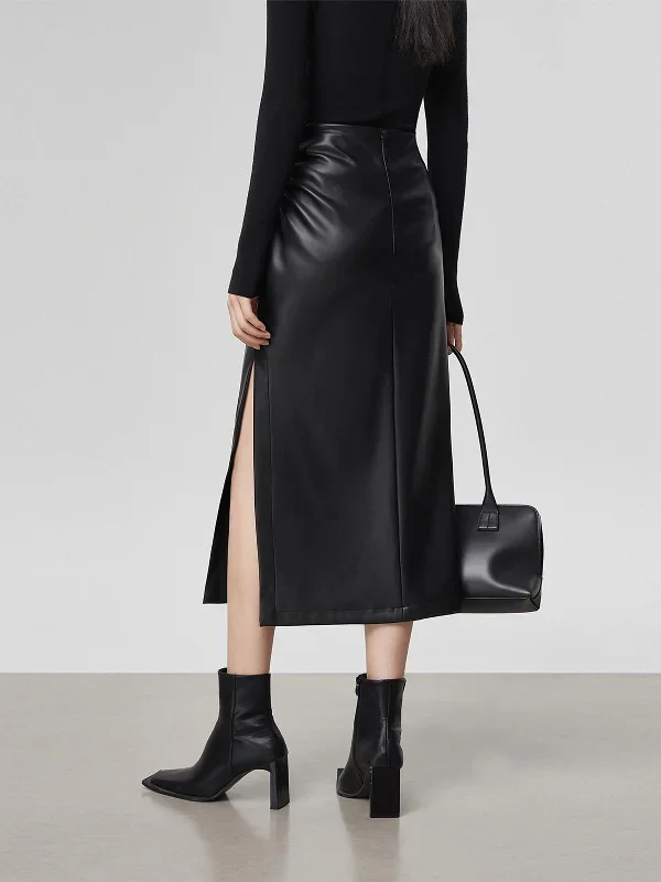 faux-leather-ruched-slit-skirt