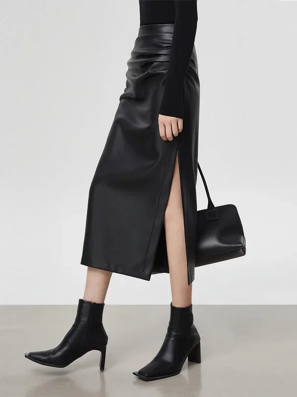 faux-leather-ruched-slit-skirt