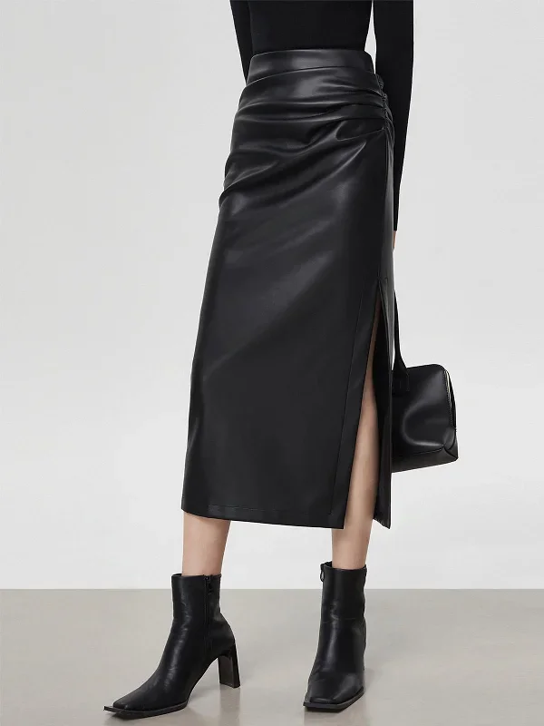 faux-leather-ruched-slit-skirt