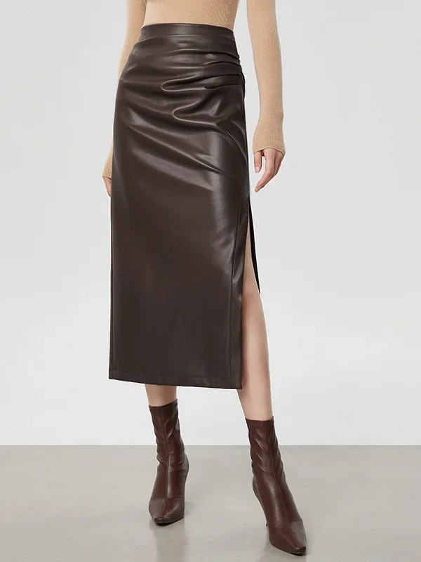 faux-leather-ruched-slit-skirt