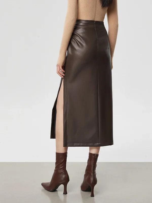 faux-leather-ruched-slit-skirt