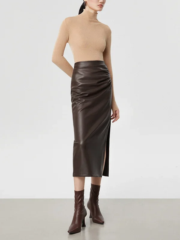 faux-leather-ruched-slit-skirt