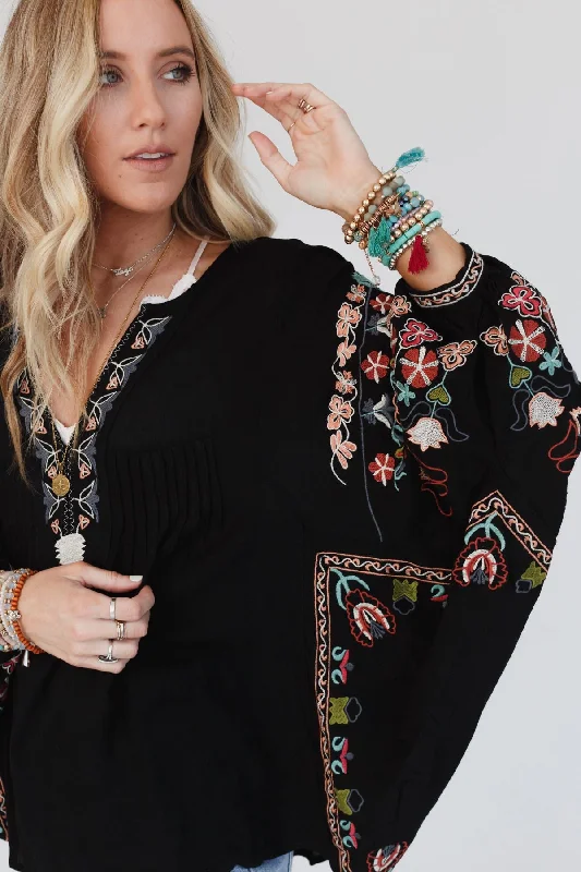 Frida Embroidered Dolman Sleeve Top - Black