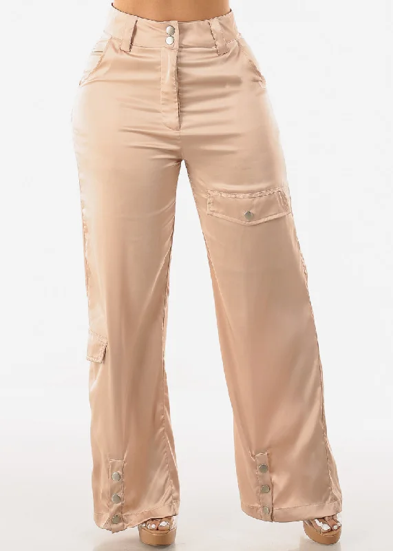 High Waist Wide Leg Satin Cargo Pants Champagne