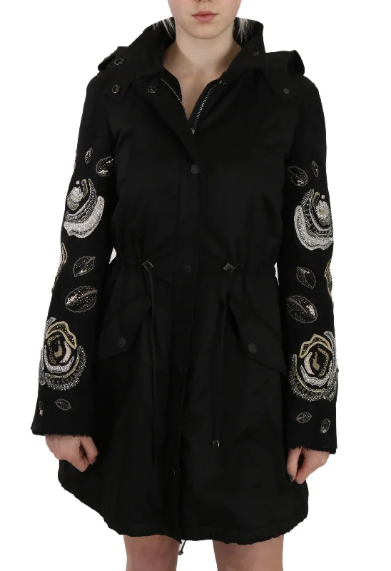 John Richmond Floral Sequined Beaded Hooded Jacket Women's Coat