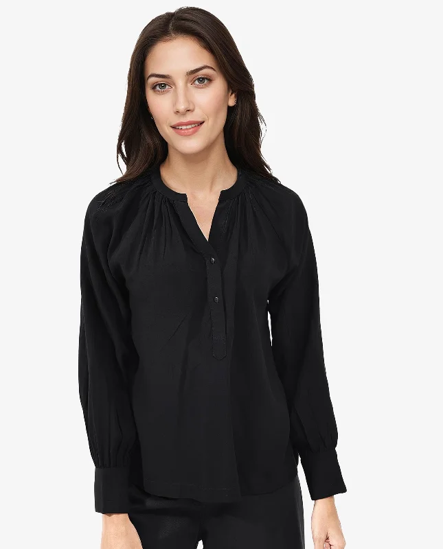 Rareism Women'S Kella Black Viscose Fabric Full Sleeve Round Neck Embroidered Top