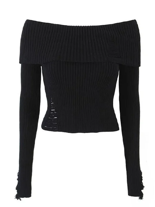 long-sleeve-off-shoulder-plain-ribbed-knit-sweater