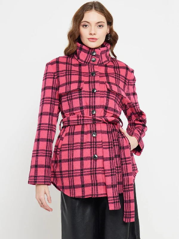 Madame Chequered Stand Collar Hot Pink Shacket