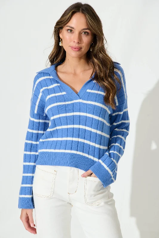 Magnolia Knit In Blue With Cream Stripe Wool Blend