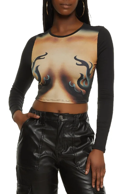 Long Sleeve Flame Print Crop Top