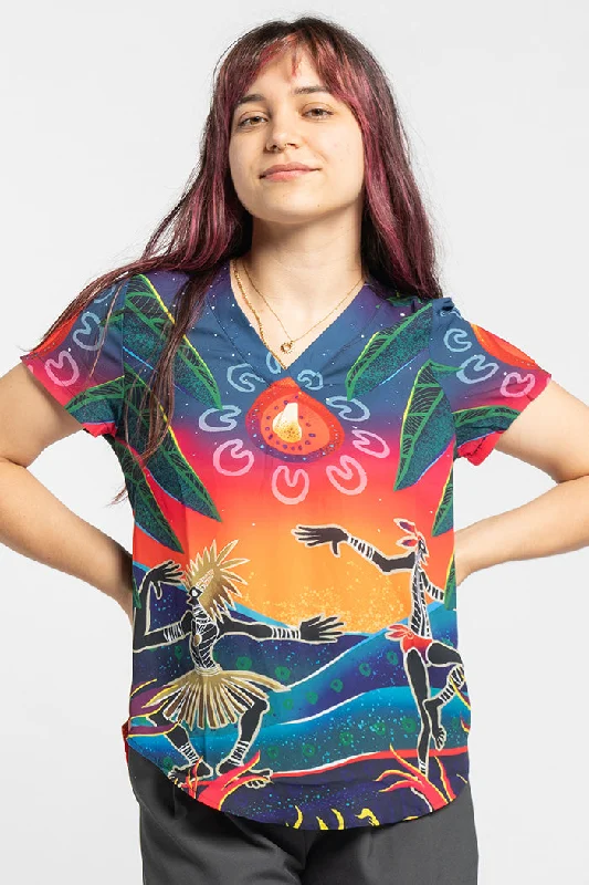 naidoc-week-2024-aboriginal-clothes-v-neck-womens-blouses-short-sleeve-fire-spirit-people