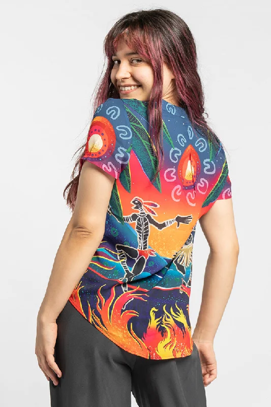 naidoc-week-2024-aboriginal-clothes-v-neck-womens-blouses-short-sleeve-fire-spirit-people