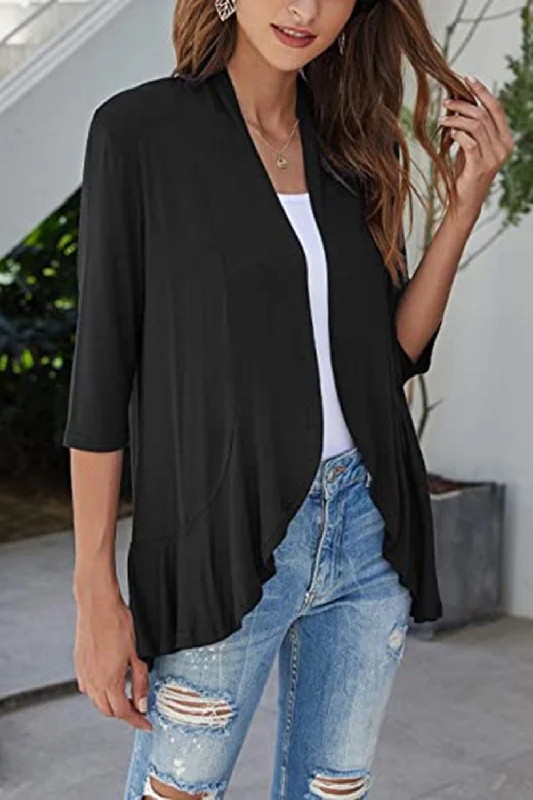 open-front-ruffle-trim-cardigan