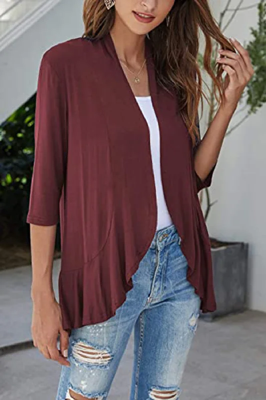 open-front-ruffle-trim-cardigan