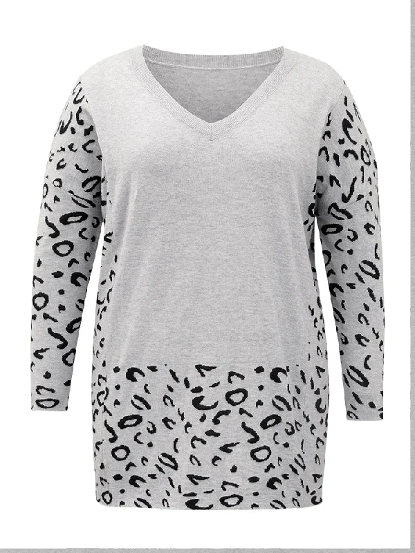 patchwork-leopard-print-v-neck-pullover