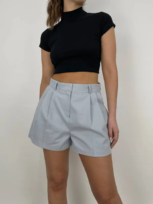 Pleated Wide Leg Trouser Shorts In Light Blue