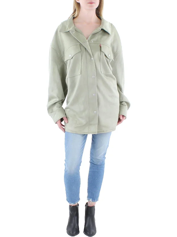 Plus Womens Faux Suede Collared Shirt Jacket