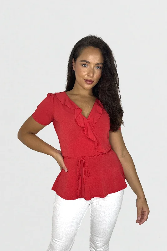 Red Frilled Deep Plunge Slinky Top