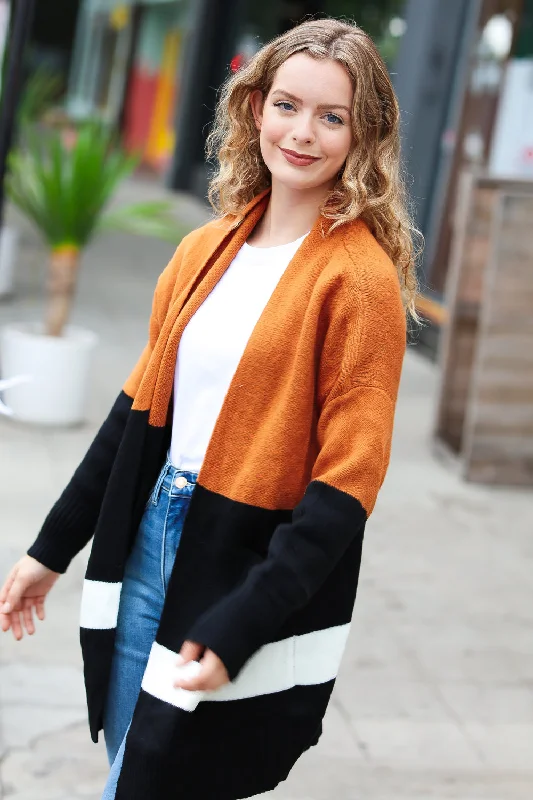 rust-black-color-block-knit-open-cardigan