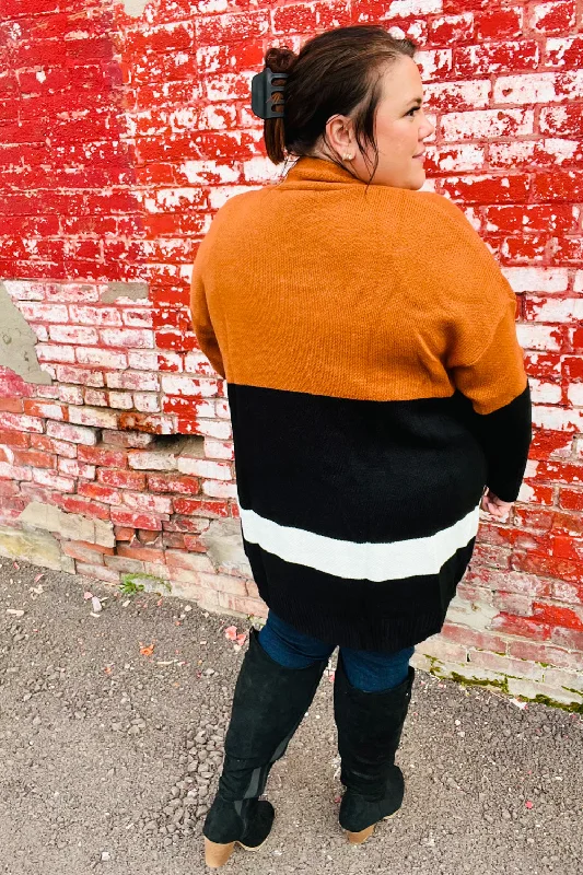 rust-black-color-block-knit-open-cardigan