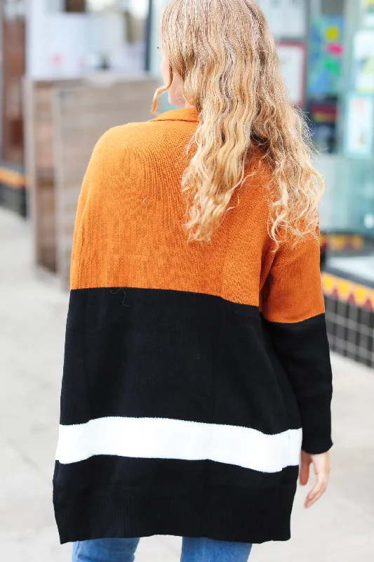 rust-black-color-block-knit-open-cardigan