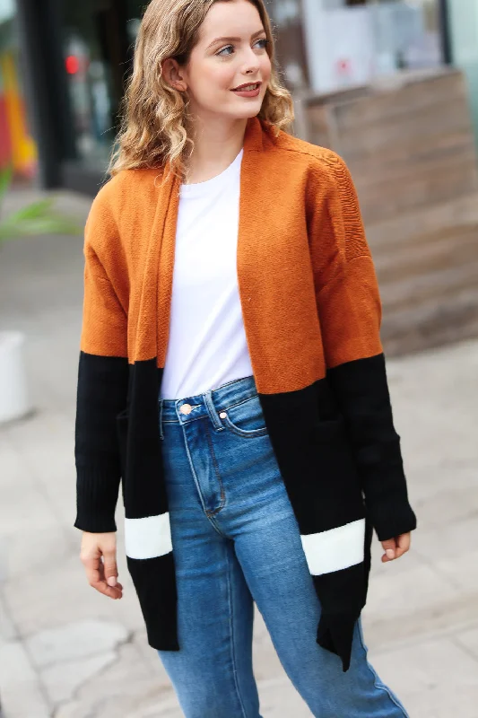 rust-black-color-block-knit-open-cardigan