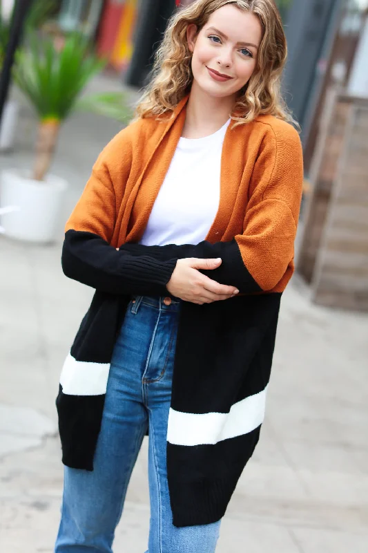 rust-black-color-block-knit-open-cardigan