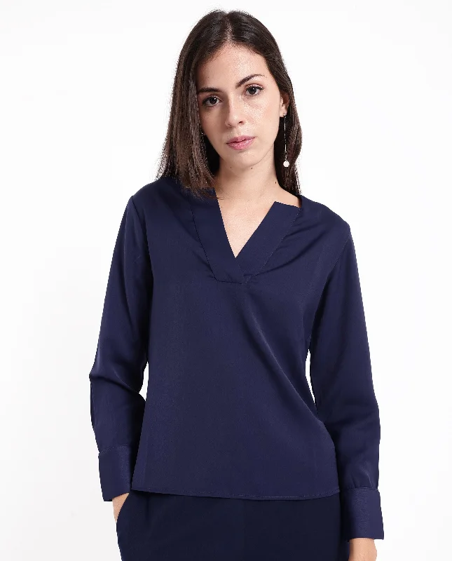 Rareism Women'S Shami Navy Cuffed Sleeve V-Neck Plain Top