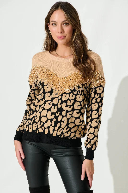 Susanna Knit In Beige With Leopard And Sequin Wool Blend