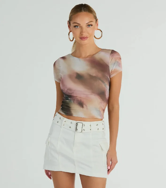 Talk Back Abstract Print Mesh Crop Top