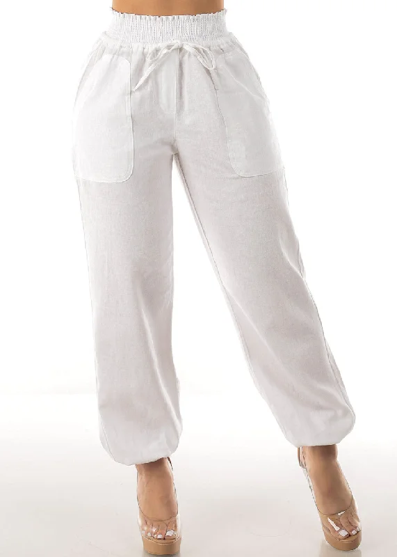 White Linen High Rise Spandex Waist Jogger Pants