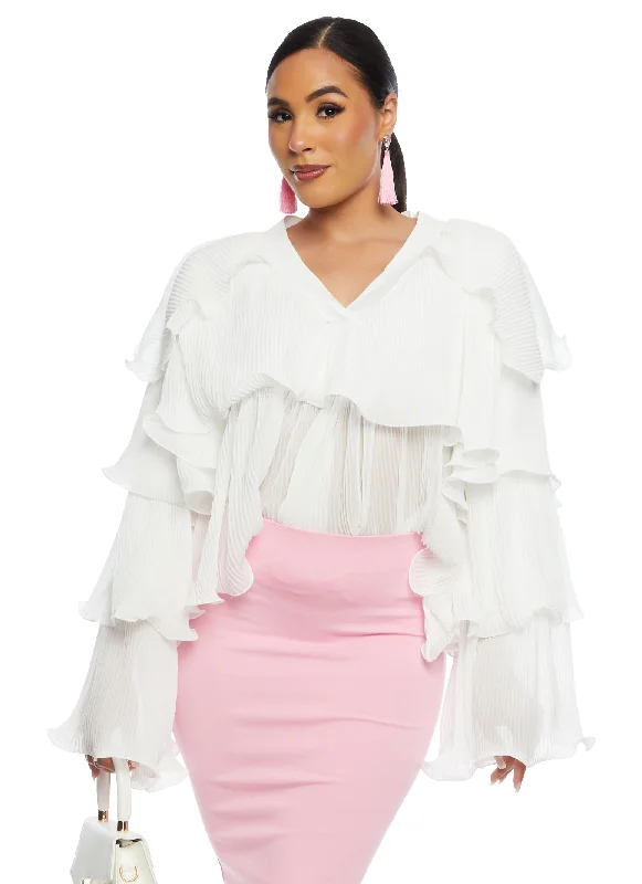 Plisse Ruffled Tiered Long Sleeve Blouse